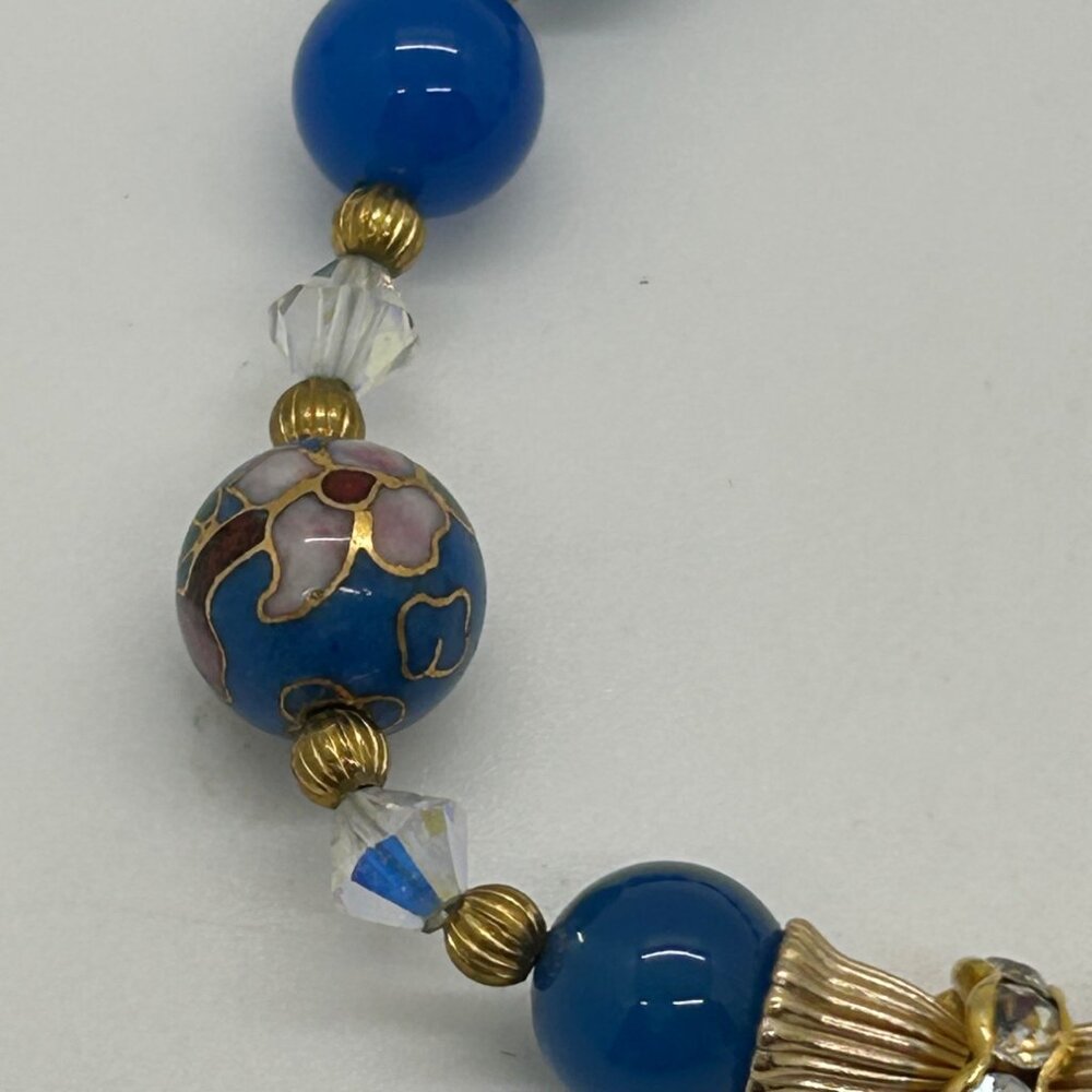Cloisonné Floral Bracelet With Blue Glass Beads Gold-Tone Accents & Screw Clasp - Picture 5 of 14